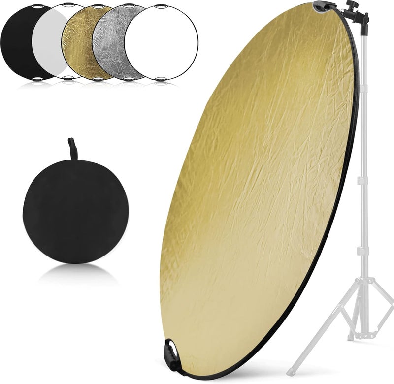 Wellmaking 43Inch/110cm Photography Light Reflector, Portable Foldable 5 in 1 Diffuser Reflectors with Bag & tilt Adapter for Studio & Outdoor Lighting-Translucent, Silver, Gold, White and Black - Image 1